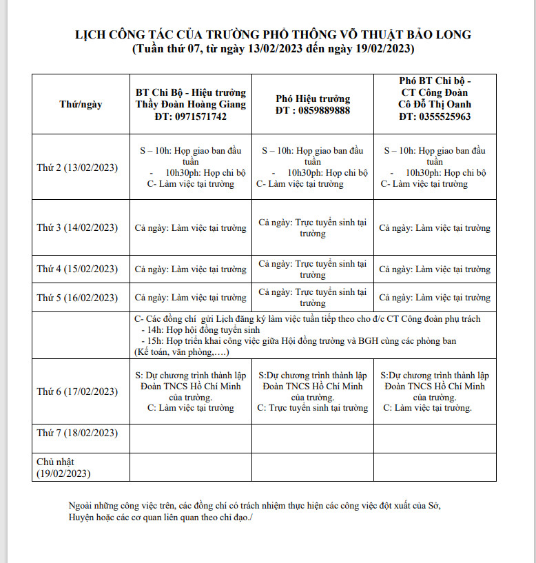 LỊCH CÔNG TÁC TUẦN 7
