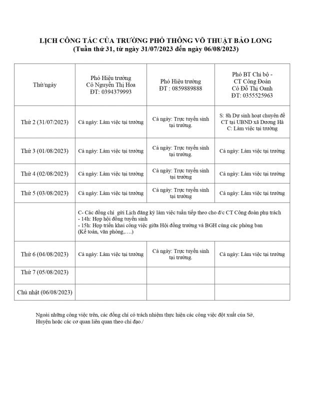LỊCH CÔNG TÁC TUẦN 31