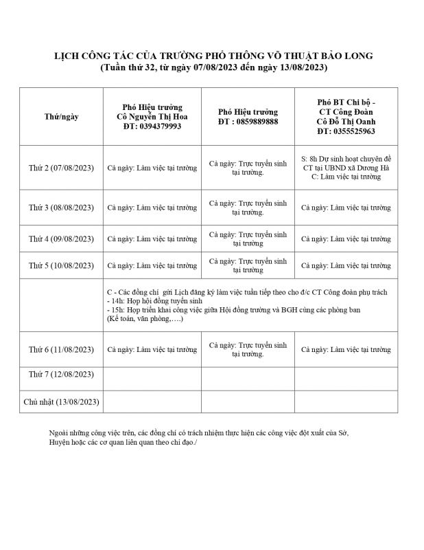 LỊCH CÔNG TÁC TUẦN 32