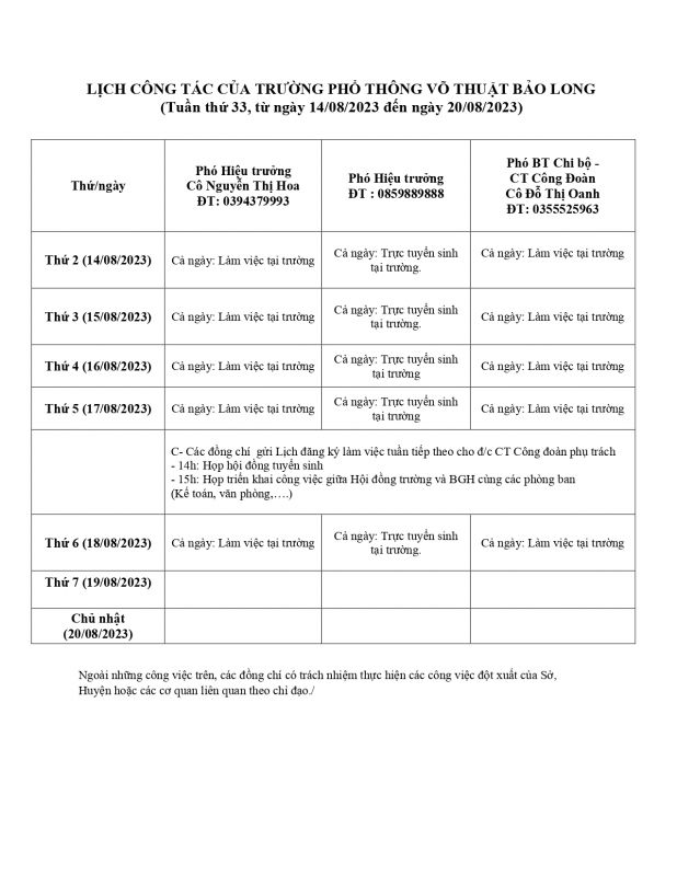 LỊCH CÔNG TÁC TUẦN 33