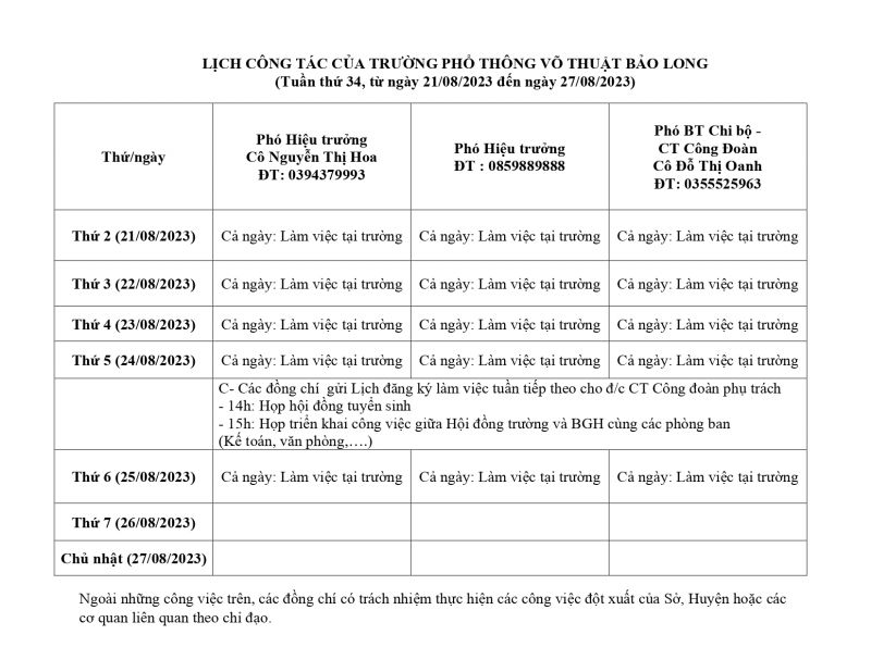 LỊCH CÔNG TÁC TUẦN 34