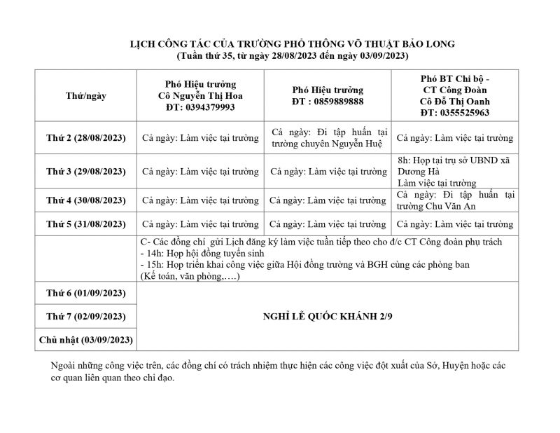 LỊCH CÔNG TÁC TUẦN 35