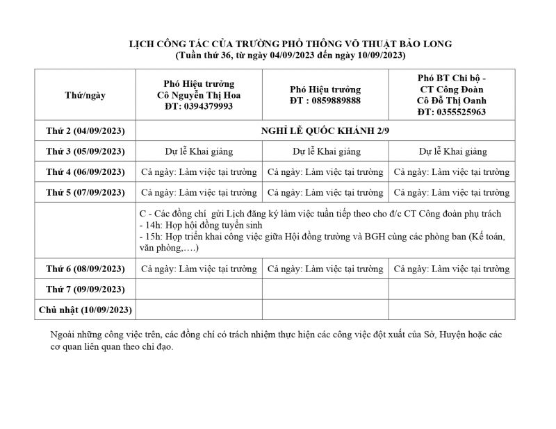 LỊCH CÔNG TÁC TUẦN 36