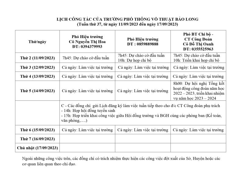 LỊCH CÔNG TÁC TUẦN 37