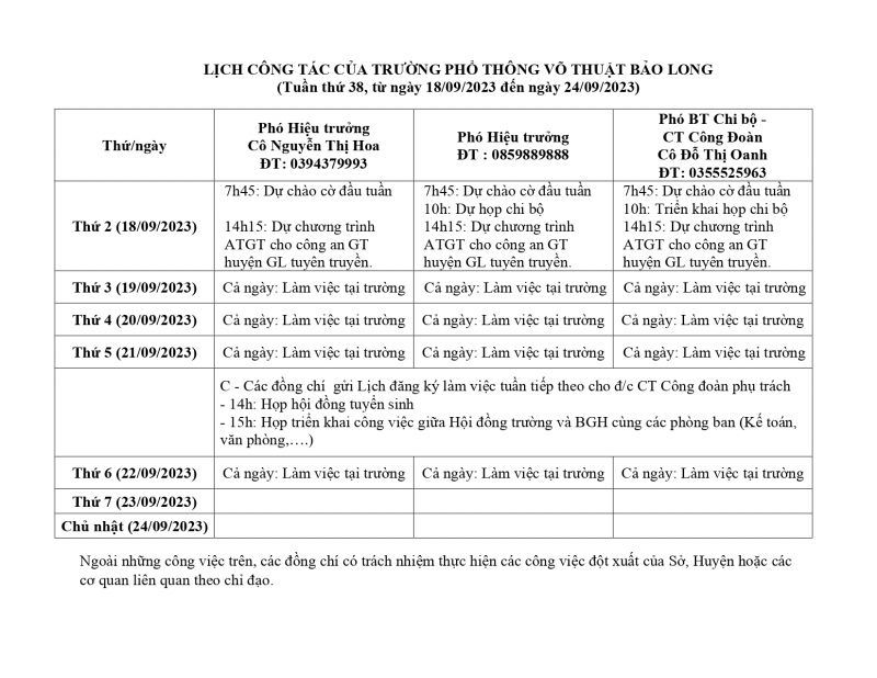 LỊCH CÔNG TÁC TUẦN 38