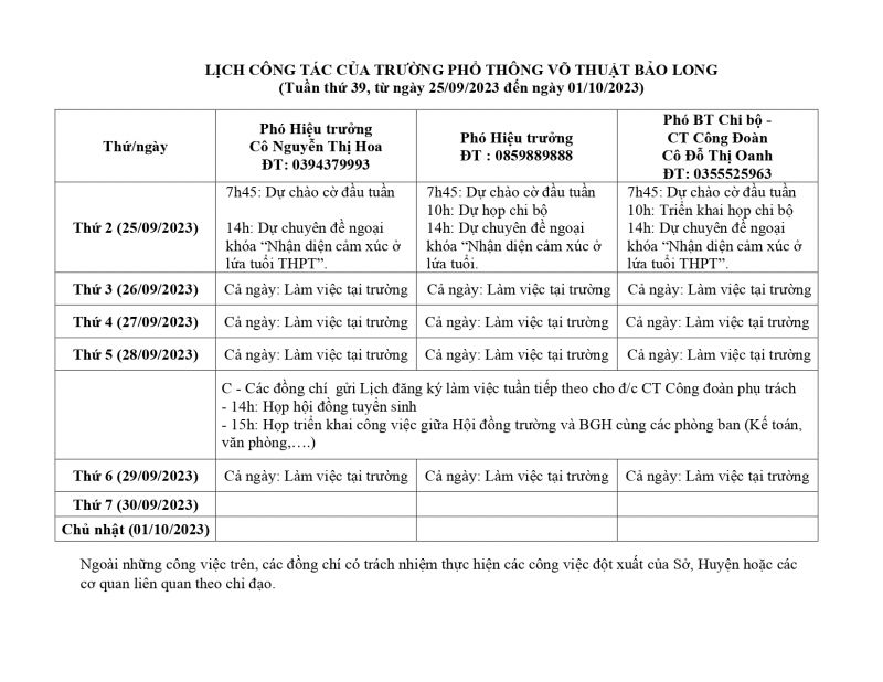 LỊCH CÔNG TÁC TUẦN 39