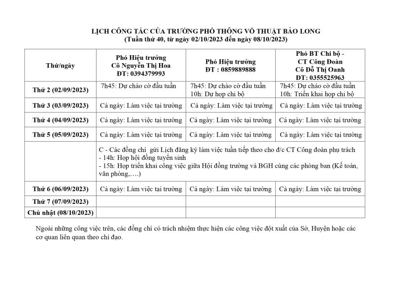 LỊCH CÔNG TÁC TUẤN 40