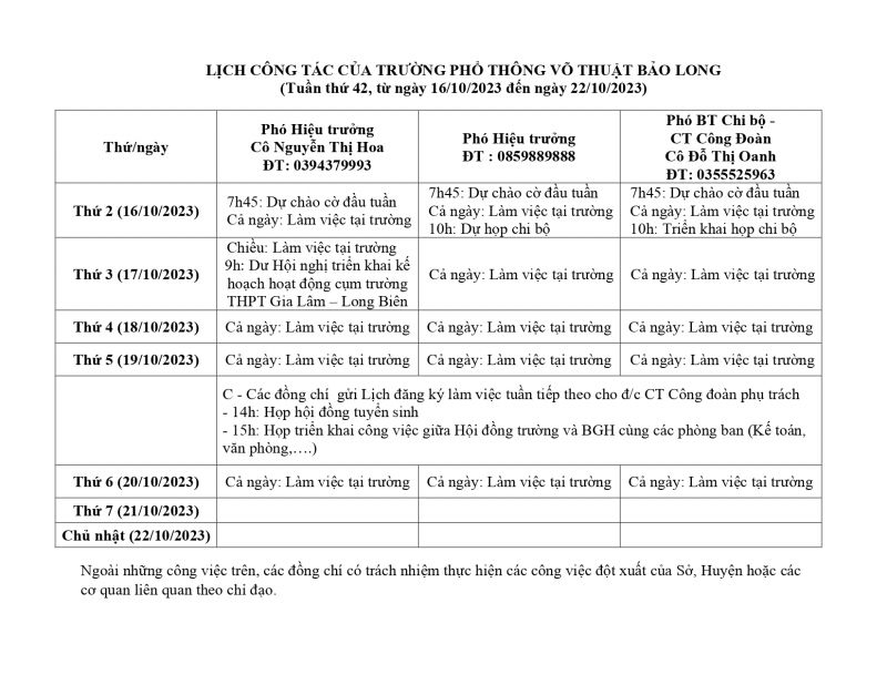 LỊCH CÔNG TÁC TUẦN 42