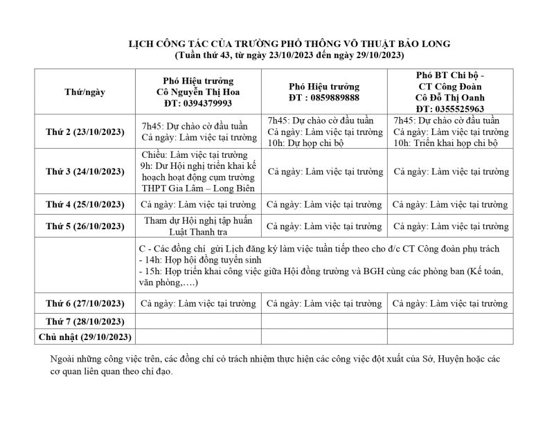 LỊCH CÔNG TÁC TUẦN 43