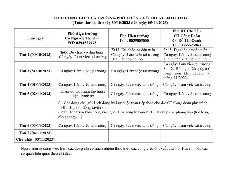 LỊCH CÔNG TÁC TUẦN 44