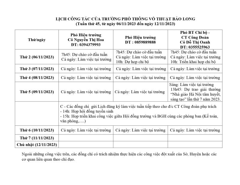 LỊCH CÔNG TÁC TUẦN 45