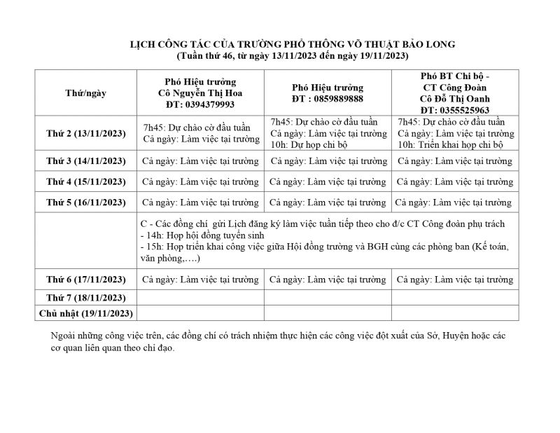 LỊCH CÔNG TÁC TUẦN 46
