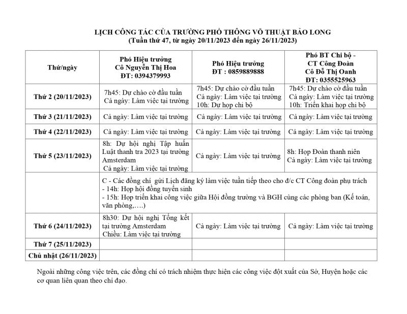 LỊCH CÔNG TÁC TUẦN 47