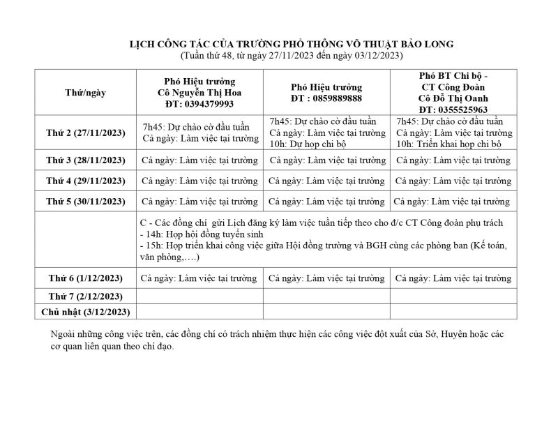 LỊCH CÔNG TÁC TUẦN 48