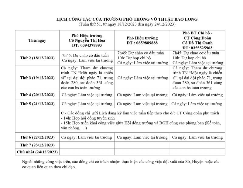 LỊCH CÔNG TÁC TUẦN 51