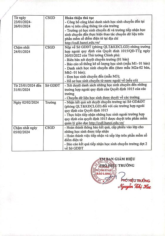 LỊCH CHUYỂN TRƯỜNG ĐỢT 2 NĂM HỌC 2023 - 2024