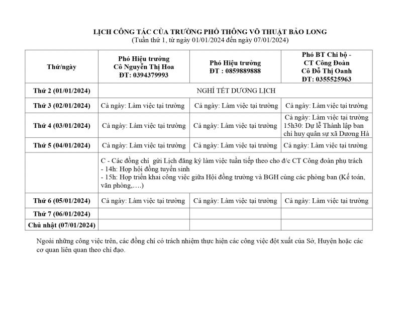 LỊCH CÔNG TÁC TUẦN 1