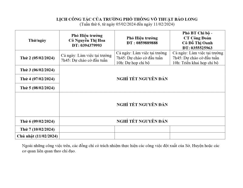 LỊCH CÔNG TÁC TUẦN 6