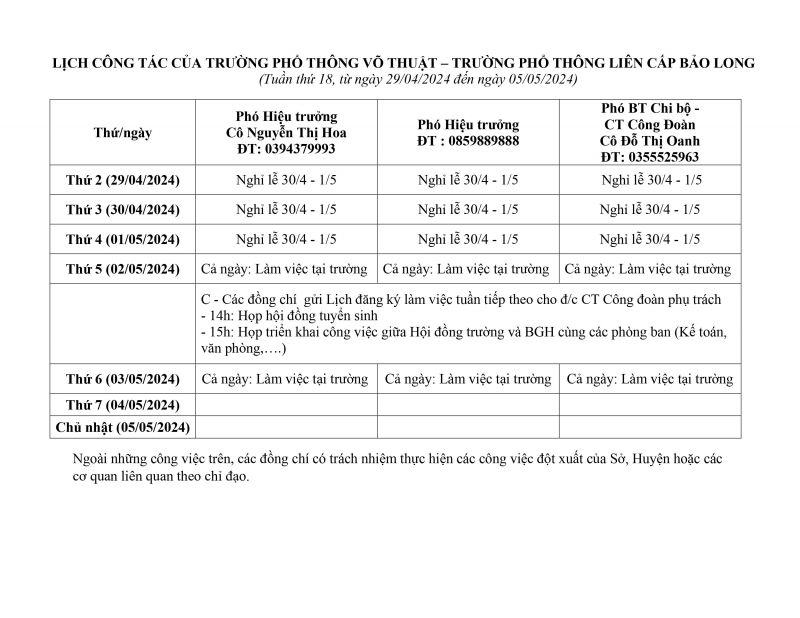 LỊCH CÔNG TÁC TUẦN 18