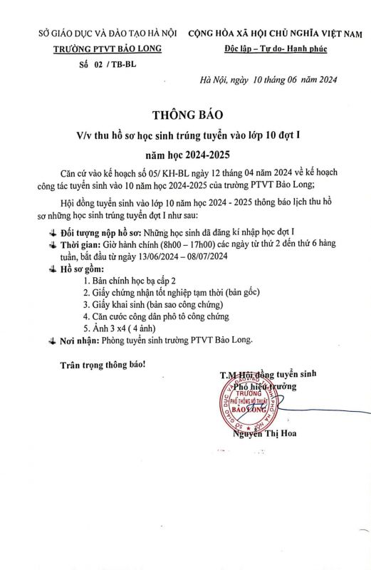 THÔNG BÁO VỀ VIỆC THU HỒ SƠ HỌC SINH TRÚNG TUYỂN VÀO LỚP 10 ĐỢT 1 NĂM HỌC 2024 - 2025
