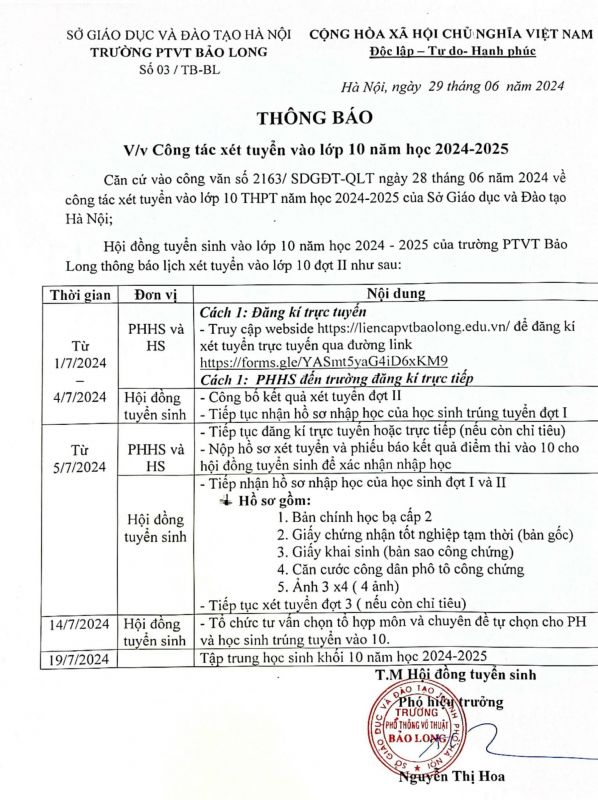 XÉT TUYỂN VÀO LỚP 10 NĂM HỌC 2024 - 2025 TRƯỜNG PTLC BẢO LONG