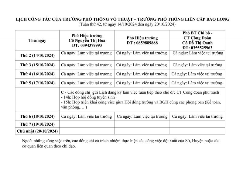 LỊCH CÔNG TÁC TUẦN 42