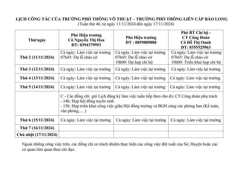 LỊCH CÔNG TÁC TUẦN 46