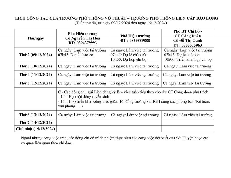 LỊCH CÔNG TÁC TUẦN 50