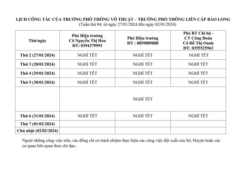 LỊCH CÔNG TÁC TUẦN 04