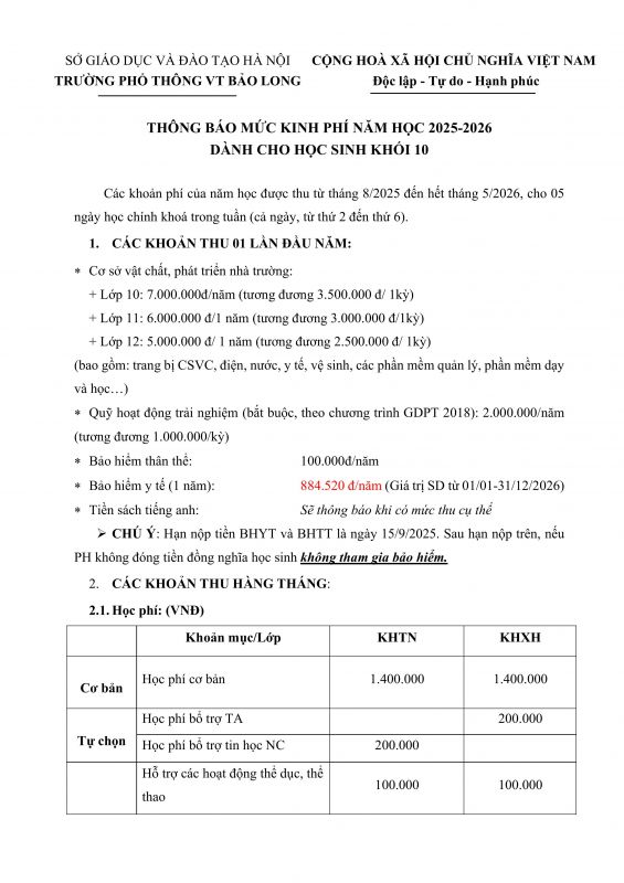 THÔNG BÁO MỨC KINH PHÍ NĂM HỌC 2025 - 2026 DÀNH CHO HS KHỐI 10