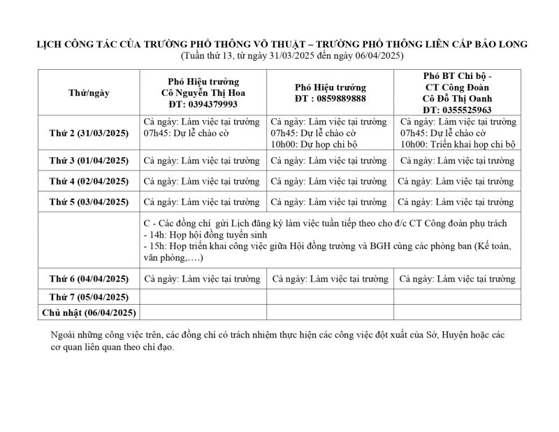 LỊCH CÔNG TÁC TUẦN 13
