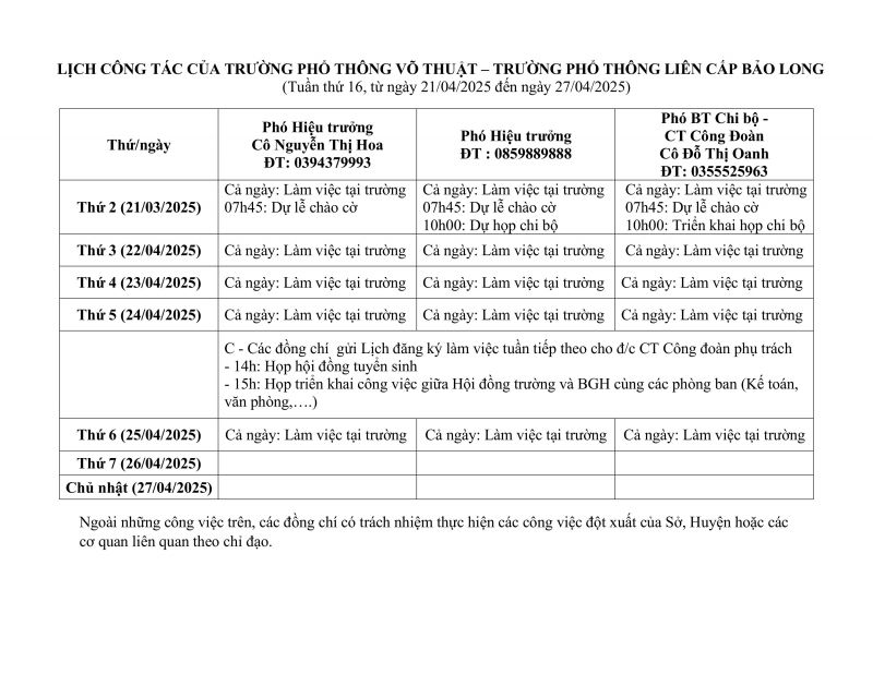 LỊCH CÔNG TÁC TUẦN 16