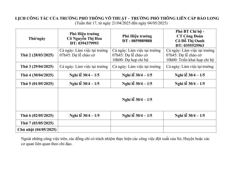 LỊCH CÔNG TÁC TUẦN 17