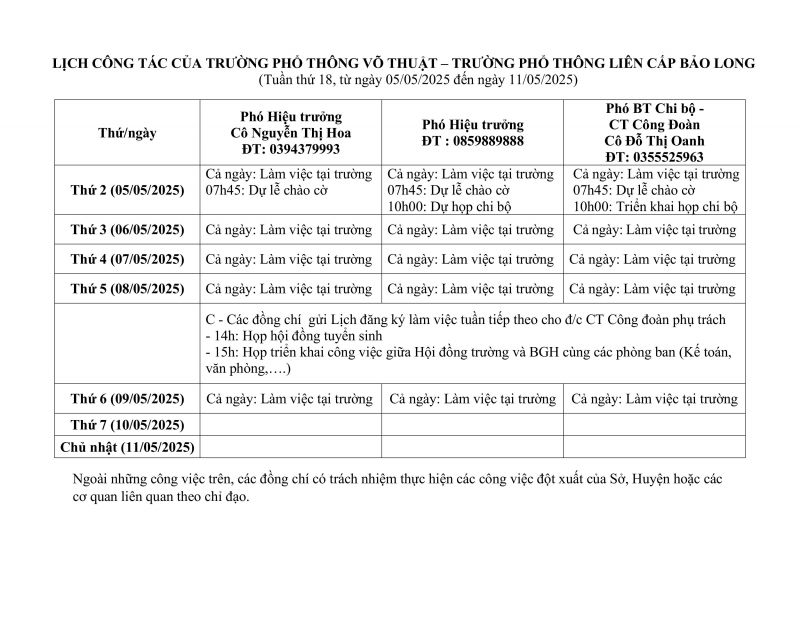 LỊCH CÔNG TÁC TUẦN 19