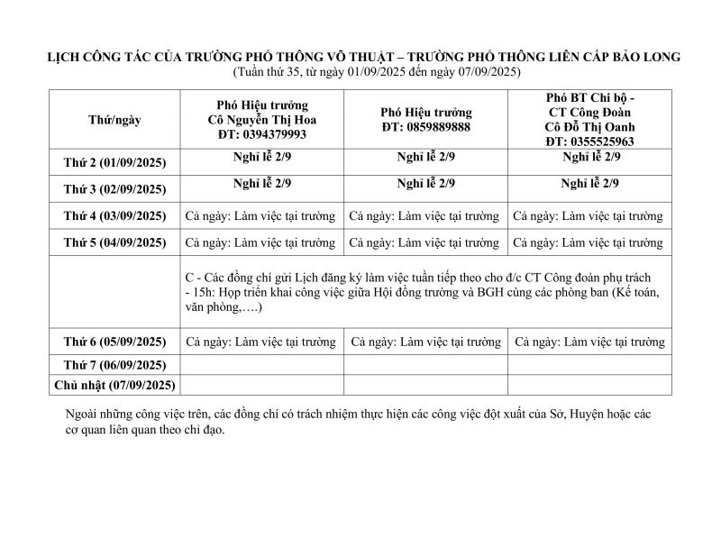 LỊCH CÔNG TÁC TUẦN 35