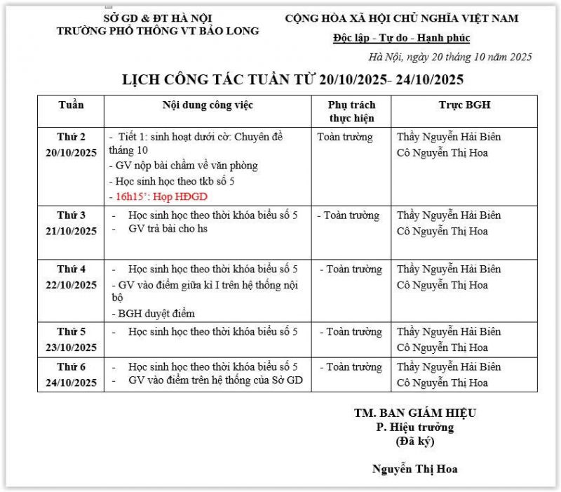 LỊCH CÔNG TÁC TUẦN 39