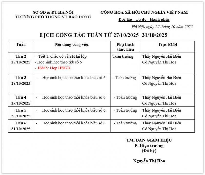 LỊCH CÔNG TÁC TUẦN 40