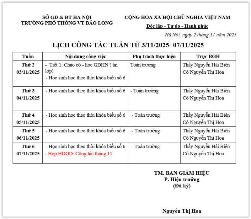 LỊCH CÔNG TÁC TUẦN 41