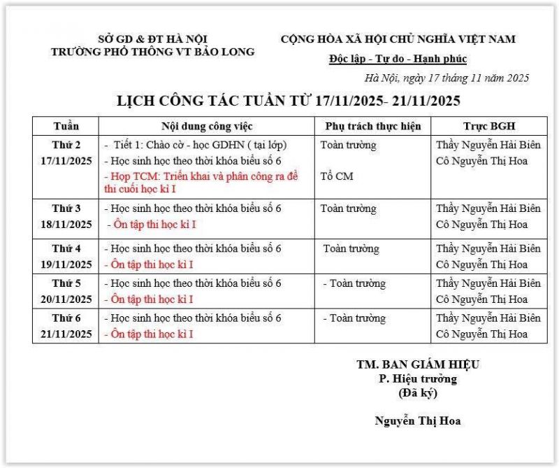 LỊCH CÔNG TÁC TUẦN 42