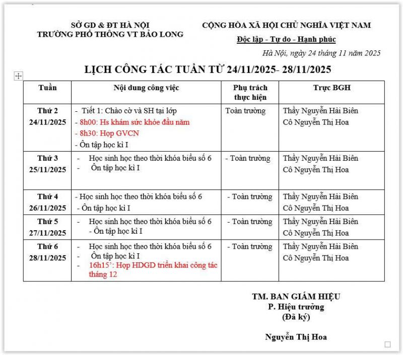 LỊCH CÔNG TÁC TUẦN 43