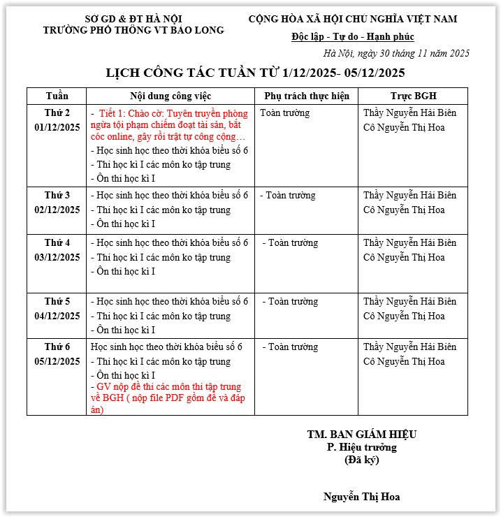 LỊCH CÔNG TÁC TUẦN 44