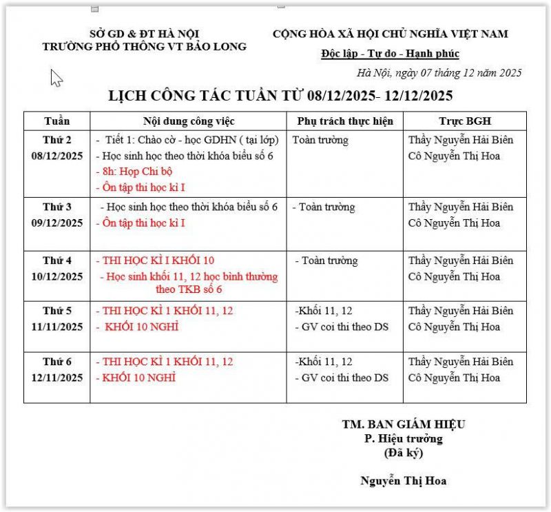 LỊCH CÔNG TÁC TUẦN 45