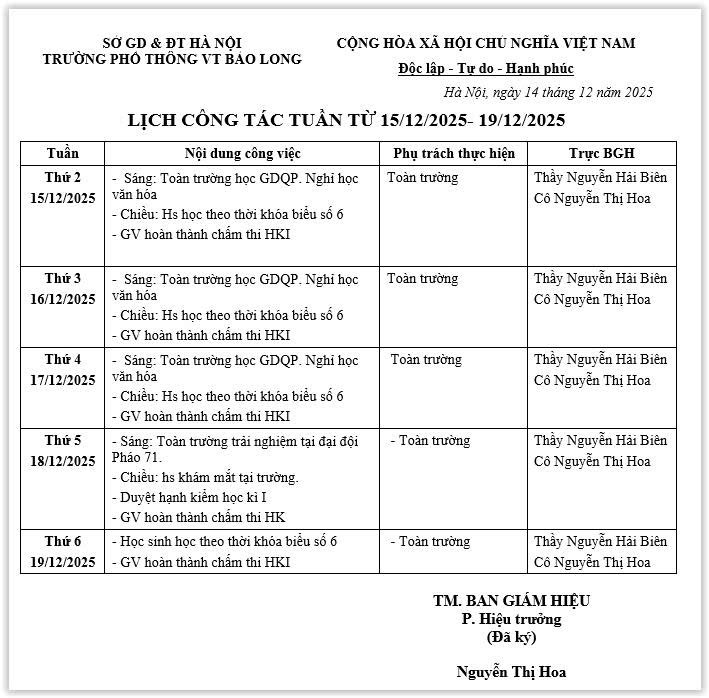 LỊCH CÔNG TÁC TUẦN 46