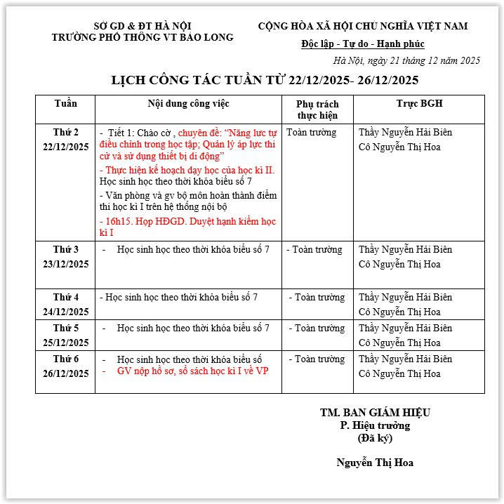 LỊCH CÔNG TÁC TUẦN 47