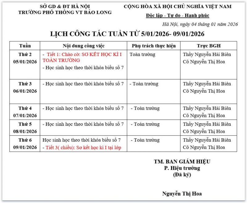LỊCH CÔNG TÁC TUẦN 1