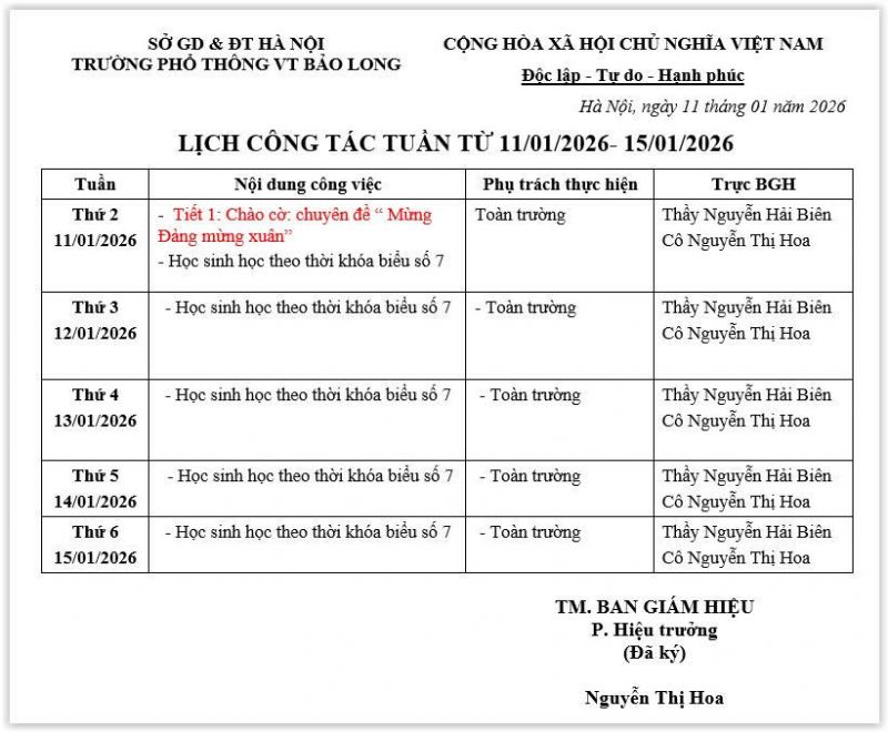 LỊCH CÔNG TÁC TUẦN 2 - 2026