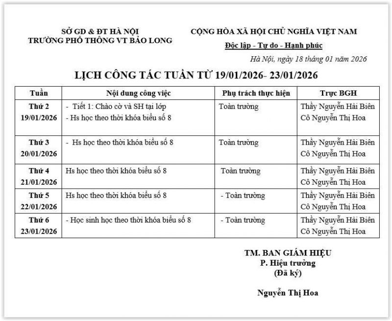 LỊCH CÔNG TÁC TUẦN 3 - 2026